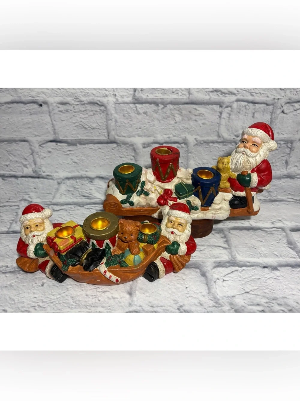 Vintage hand-painted Christmas Santa Claus candle sticker holders (set of 2)